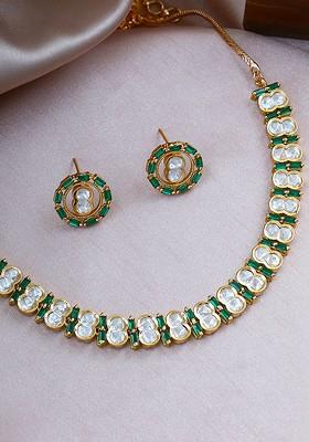 Gold Studded  And Beaded  Gold Plated Jewellery Set