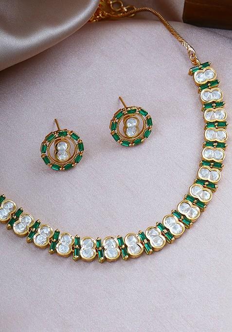 Gold Studded  And Beaded  Gold Plated Jewellery Set