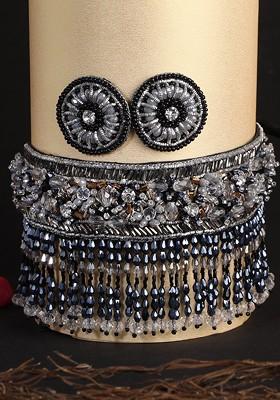 Black Stone Studded And Beaded Fabric Jewellery Set
