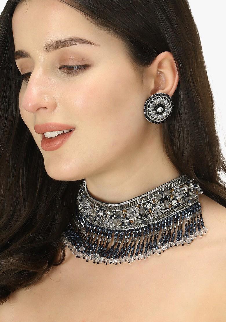 Black Stone Studded And Beaded Fabric Jewellery Set