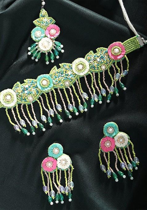 Pink Floral Stud Fabric Jewellery Set