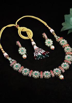 Gold Stone Studded  Gold Plated Jewellery Set