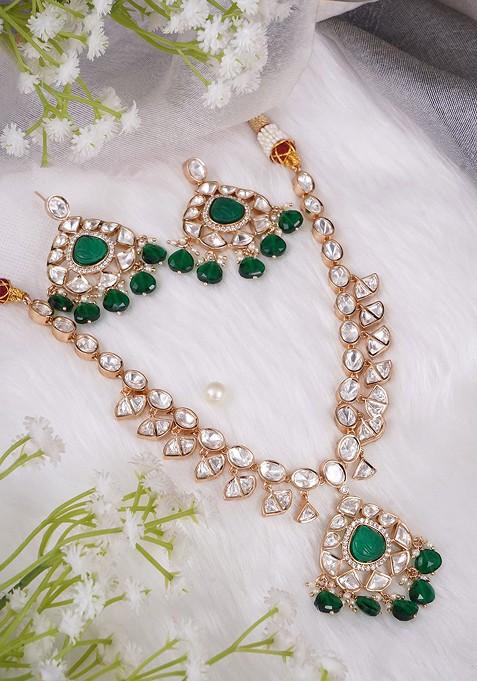 Gold Studded  And Beaded  Gold Plated Jewellery Set