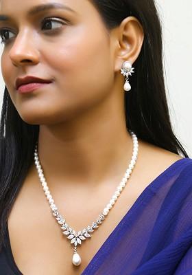 Silver  Stones Studded  Rhodium Plated Jewellery Set