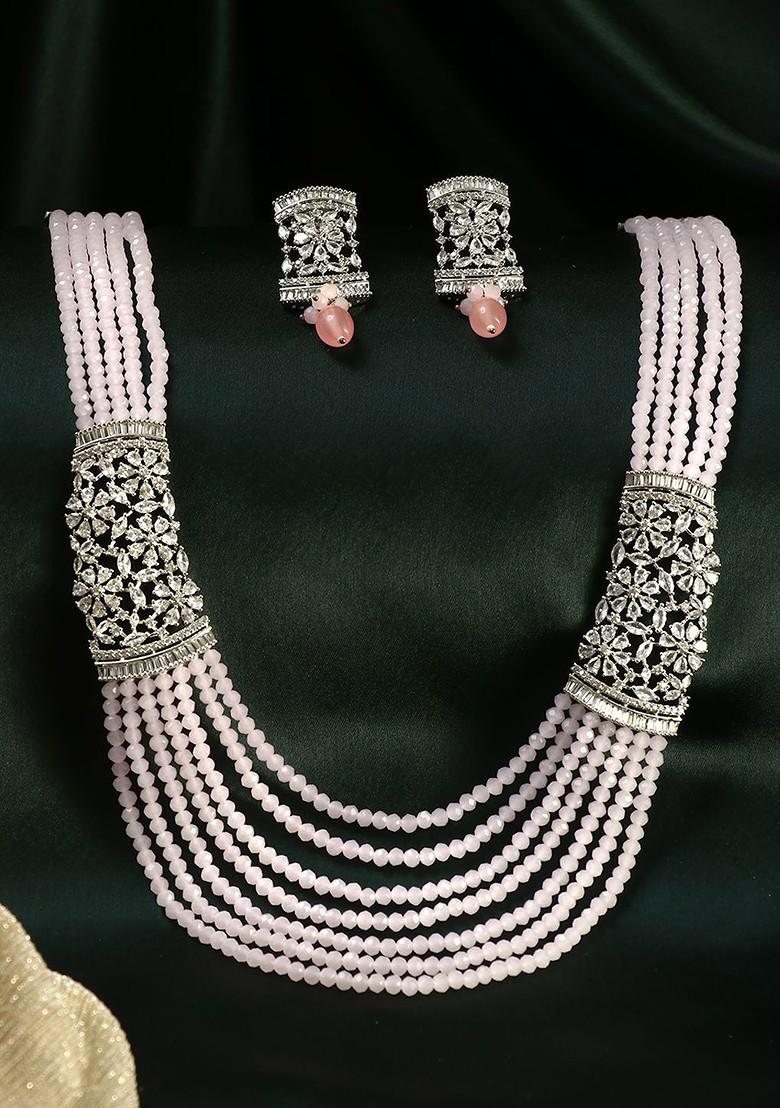 Silver Stone Studded And Beaded Rhodium Plated Jewellery Set