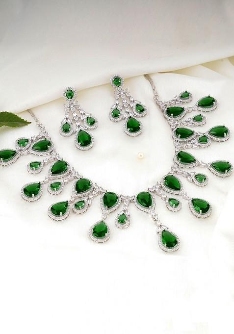 Silver Zirconia Studded Rhodium Plated Jewellery Set