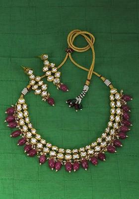 Gold Studded  And Beaded  Gold Plated Jewellery Set