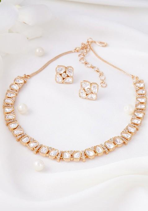 Gold Studded  And Beaded  Gold Plated Jewellery Set