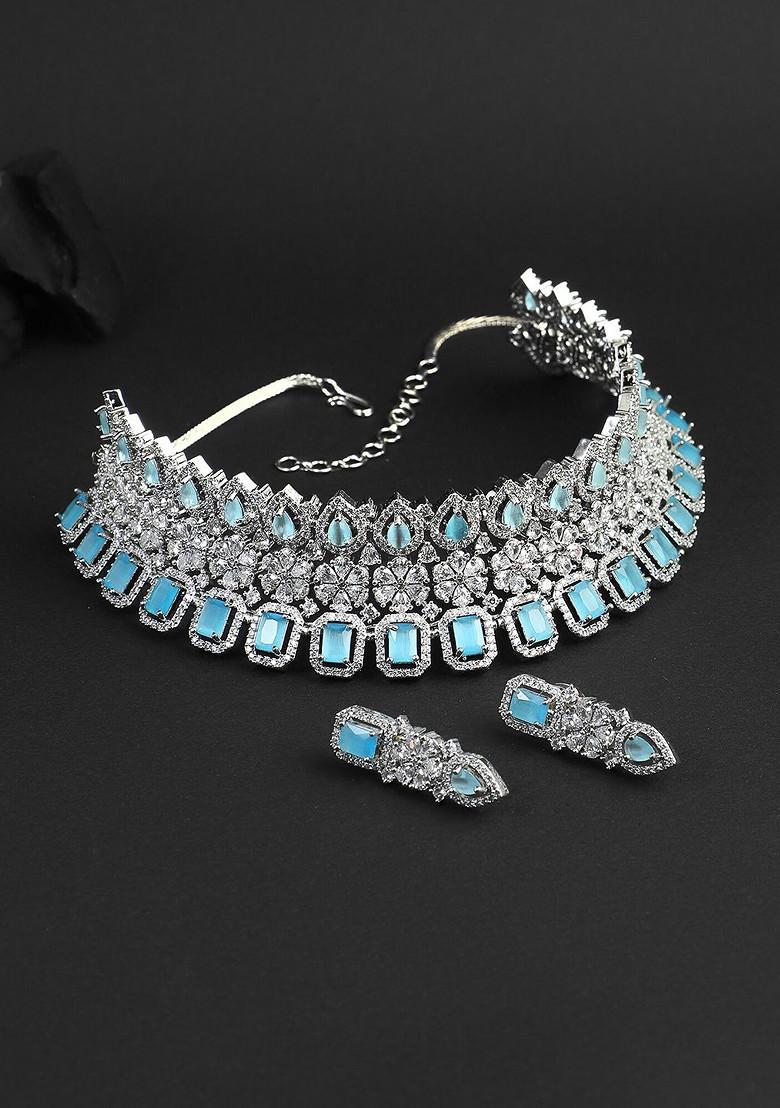 Silver Stone Studded And Beaded Rhodium Plated Jewellery Set