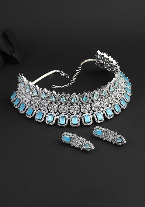 Silver Stone Studded And Beaded Rhodium Plated Jewellery Set