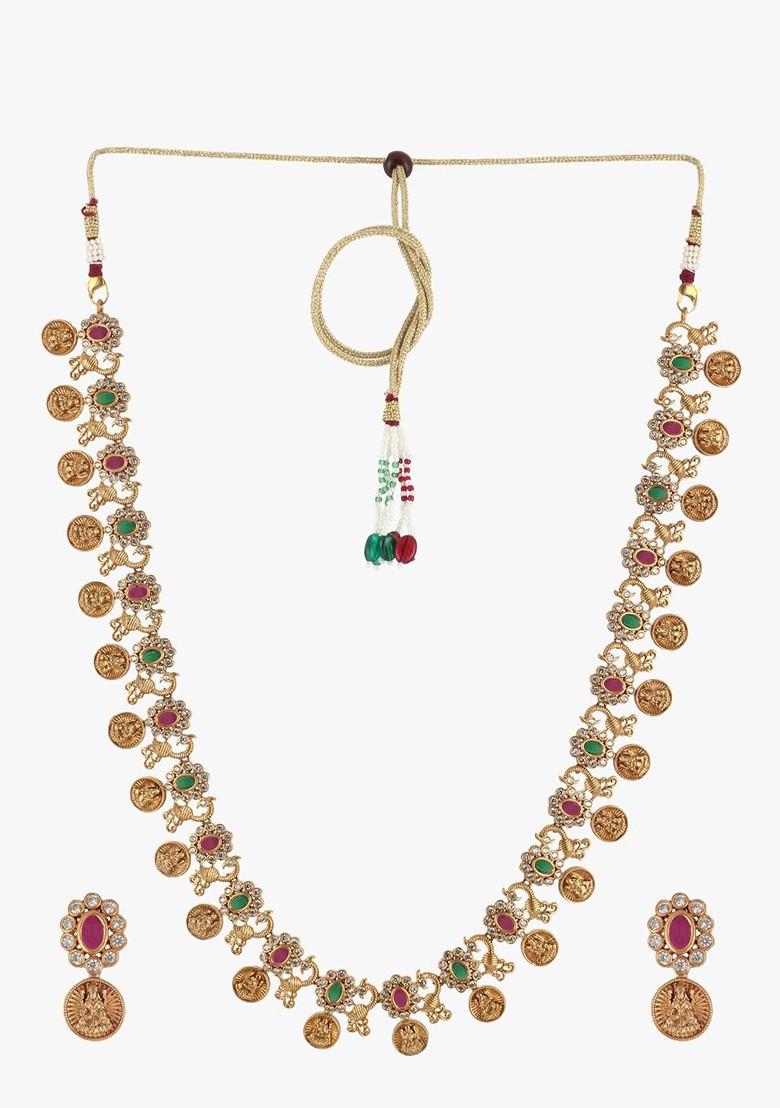 Gold Stone Studded And Beaded Gold Plated Jewellery Set