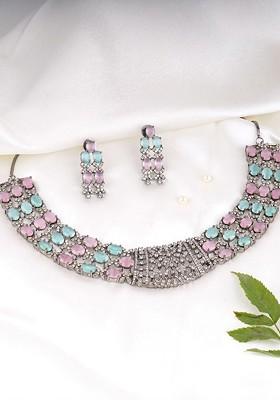 Silver Cz Studded Rhodium Plated Jewellery Set