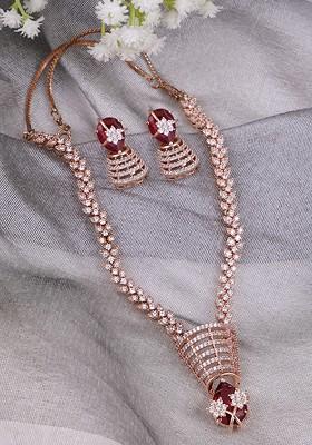 Rose Gold Studded  And Beaded  Gold Plated Jewellery Set