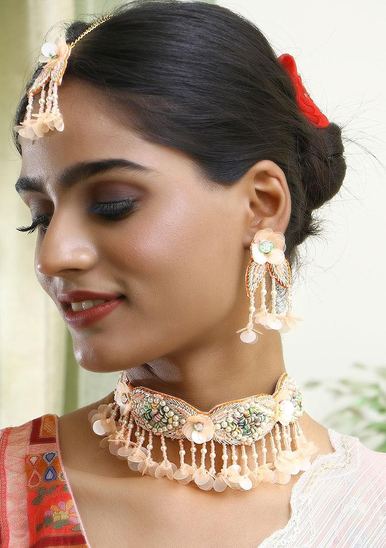 Peach Beaded Fabric Jewellery Set