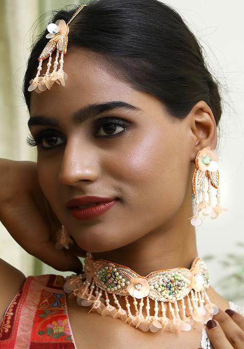 Peach Beaded Fabric Jewellery Set