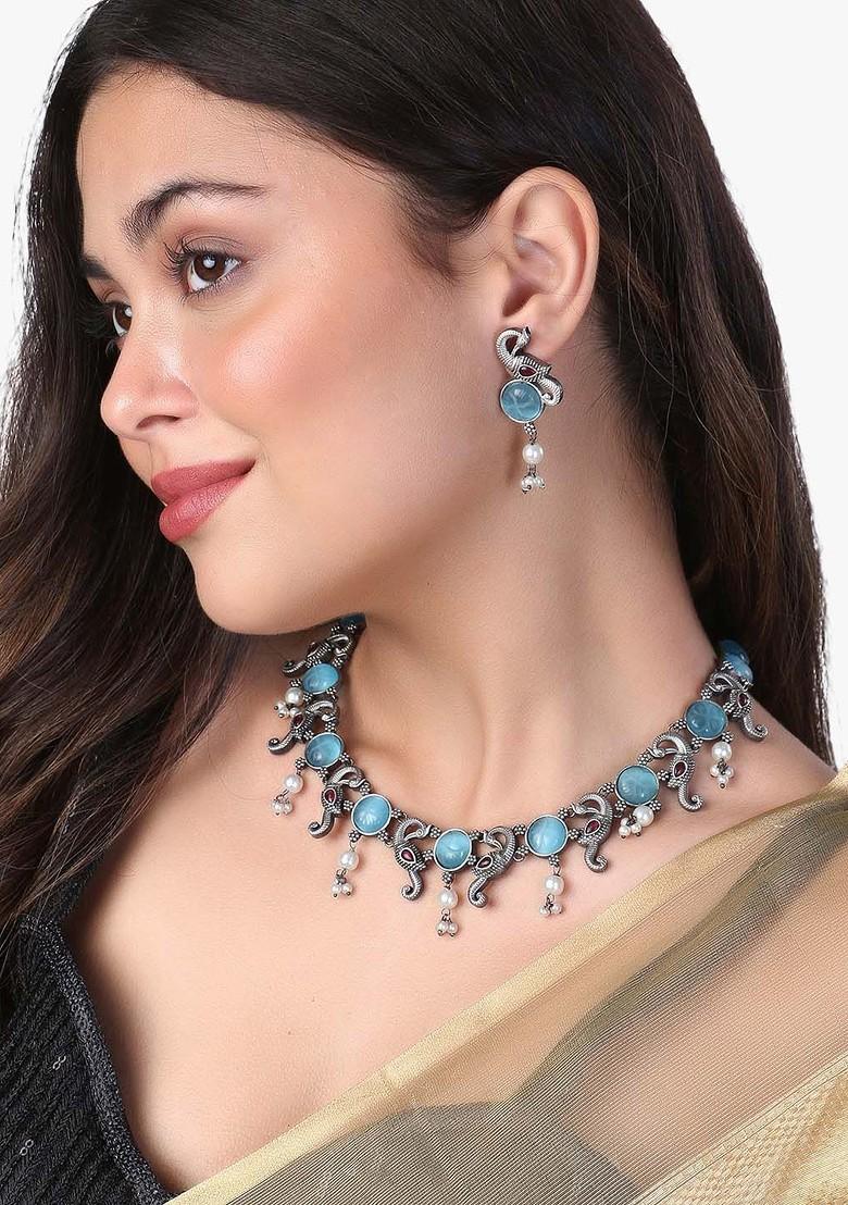 Silver Stone Studded And Beaded Silver Plated  Jewellery Set