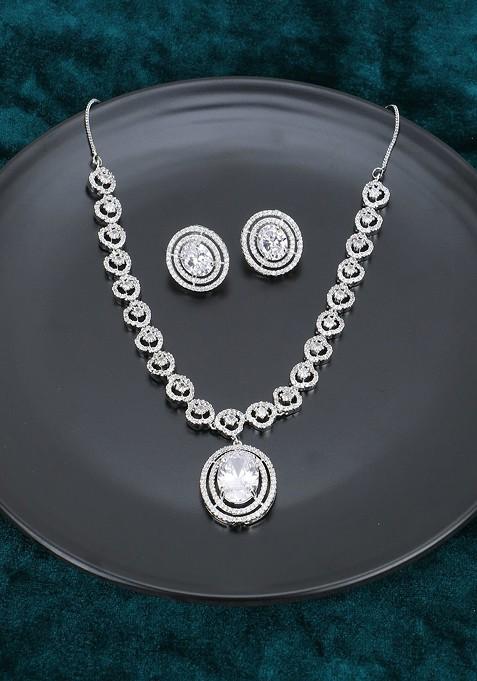 Silver Stone Studded  Rhodium Plated Jewellery Set