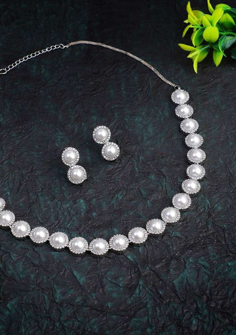 Silver Pearl Beaded Rhodium Plated Jewellery Set - Indya