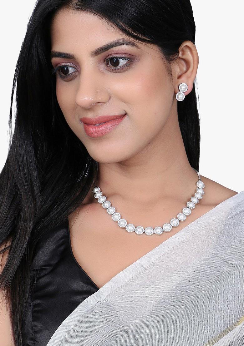 Silver Pearl Beaded Rhodium Plated Jewellery Set