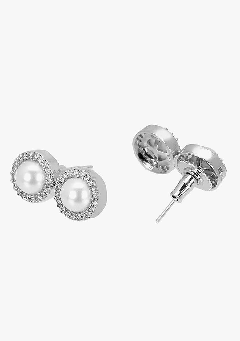 Silver Pearl Beaded Rhodium Plated Jewellery Set - Indya