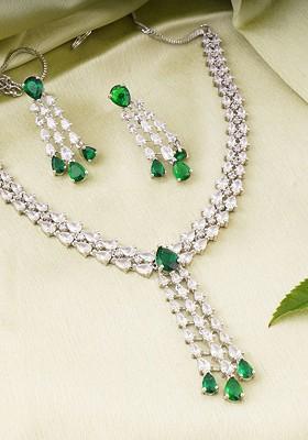 Silver Stone Studded And Beaded Rhodium Plated Jewellery Set