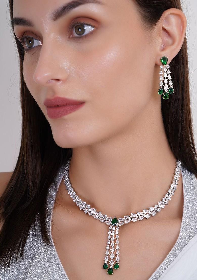 Silver Stone Studded And Beaded Rhodium Plated Jewellery Set