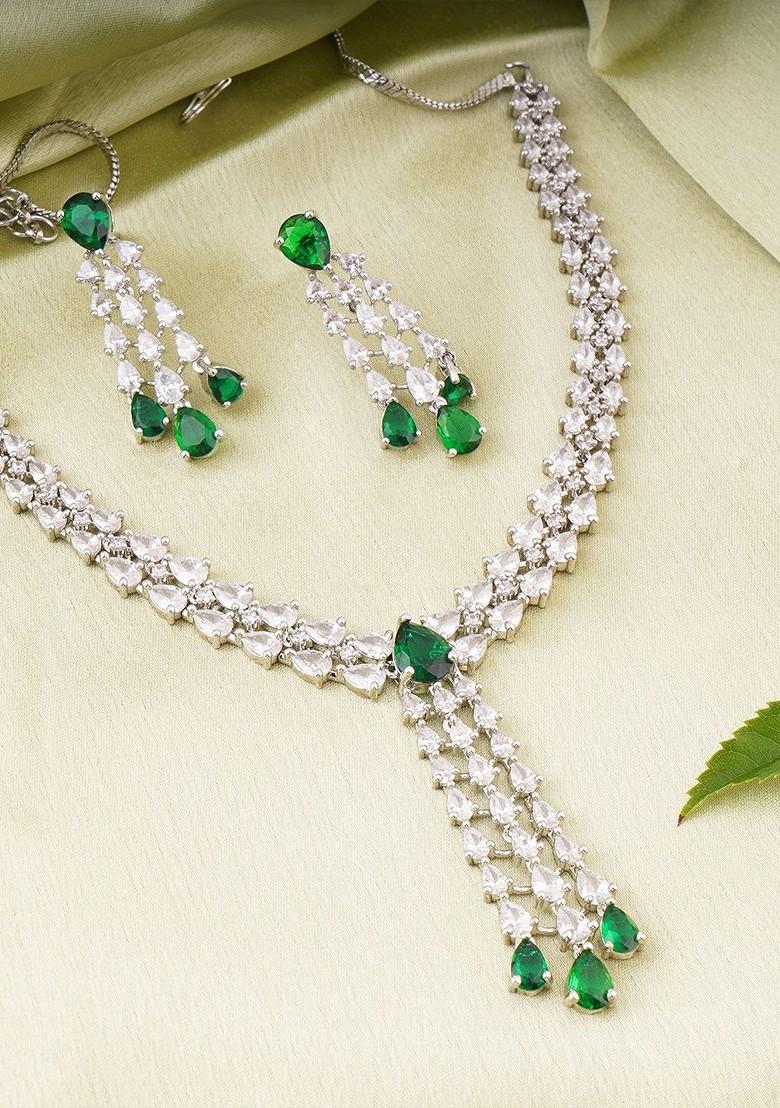 Silver Stone Studded And Beaded Rhodium Plated Jewellery Set