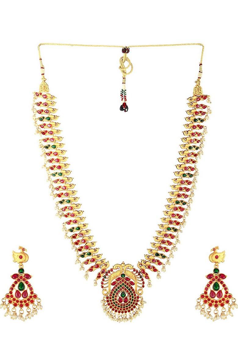 Gold Stone Studded And Beaded Gold Plated Jewellery Set