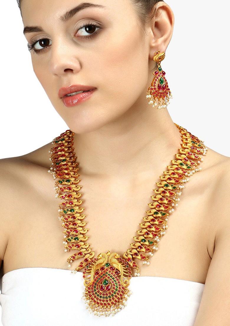 Gold Stone Studded And Beaded Gold Plated Jewellery Set