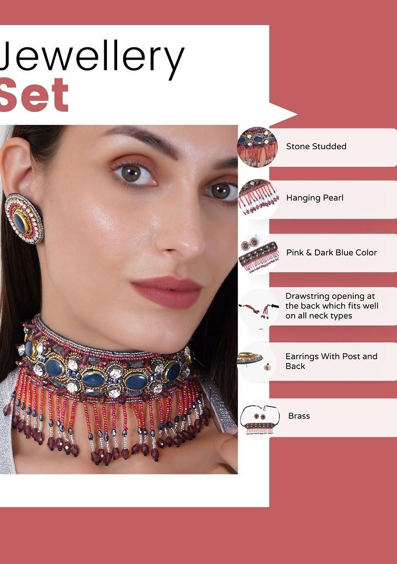 Gold  Stones Studded  Fabric Jewellery Set