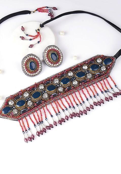Gold  Stones Studded  Fabric Jewellery Set