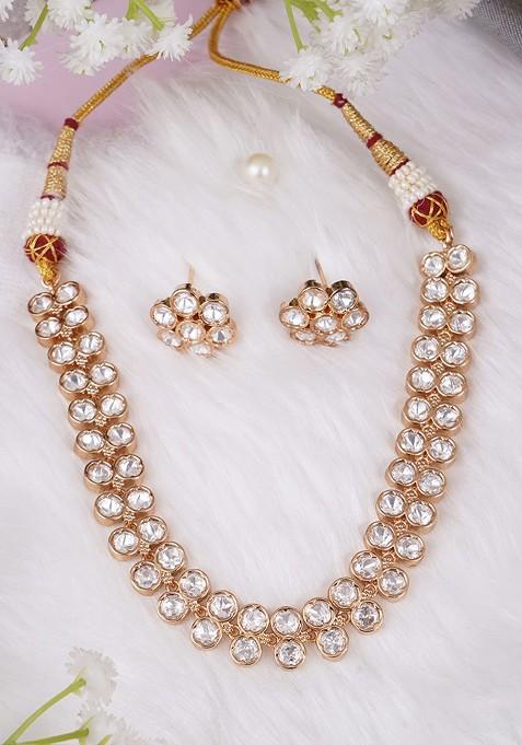 Rose Gold Studded  And Beaded  Gold Plated Jewellery Set