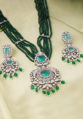 Silver Stone Studded And Beaded Rhodium Plated Jewellery Set