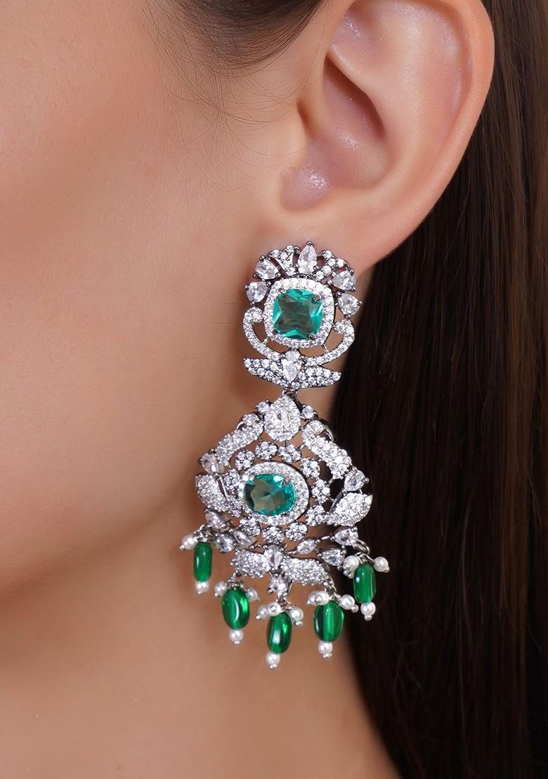 Silver Stone Studded And Beaded Rhodium Plated Jewellery Set