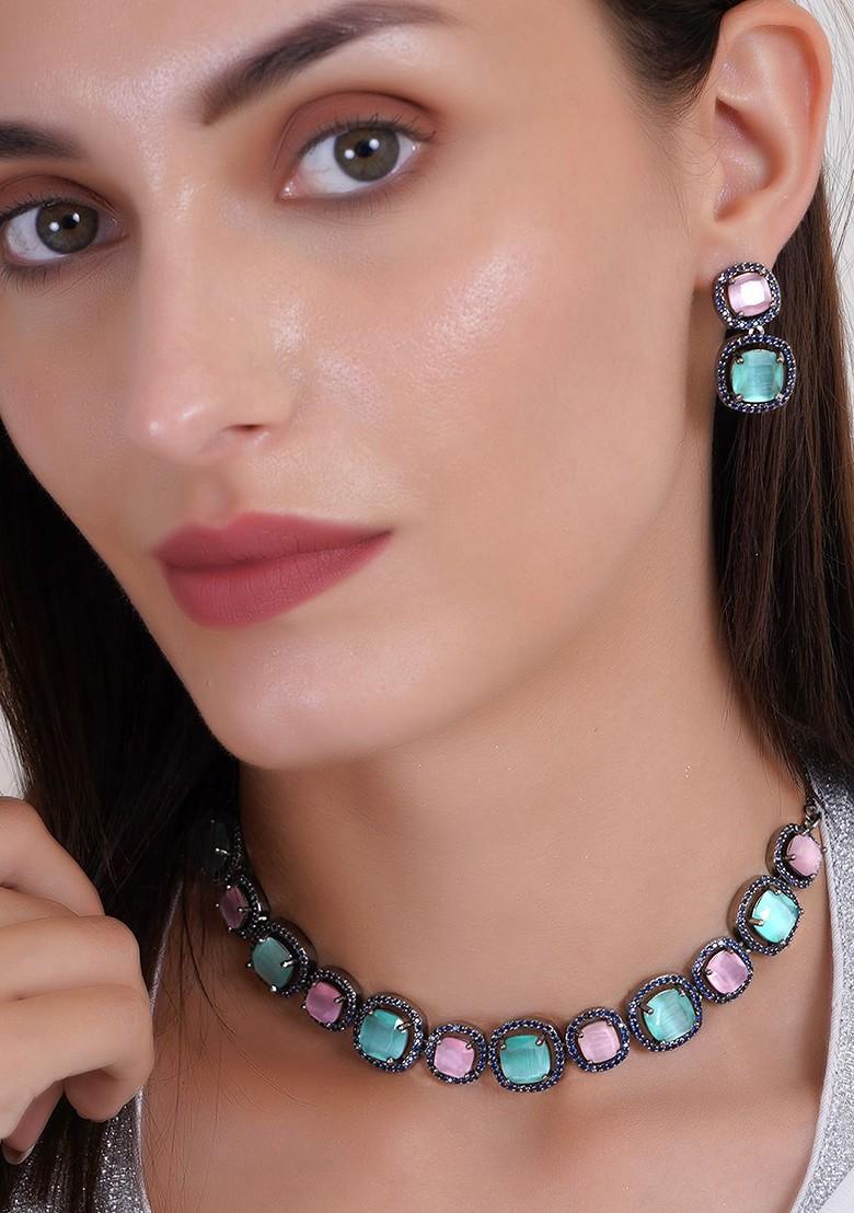 Silver Ad Studded Rhodium Plated Jewellery Set