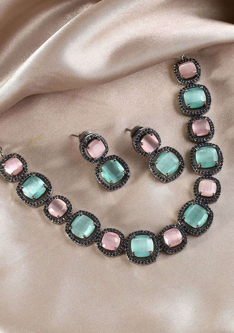 Silver Ad Studded Rhodium Plated Jewellery Set - Indya