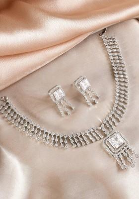 Silver Cz Studded Rhodium Plated Jewellery Set