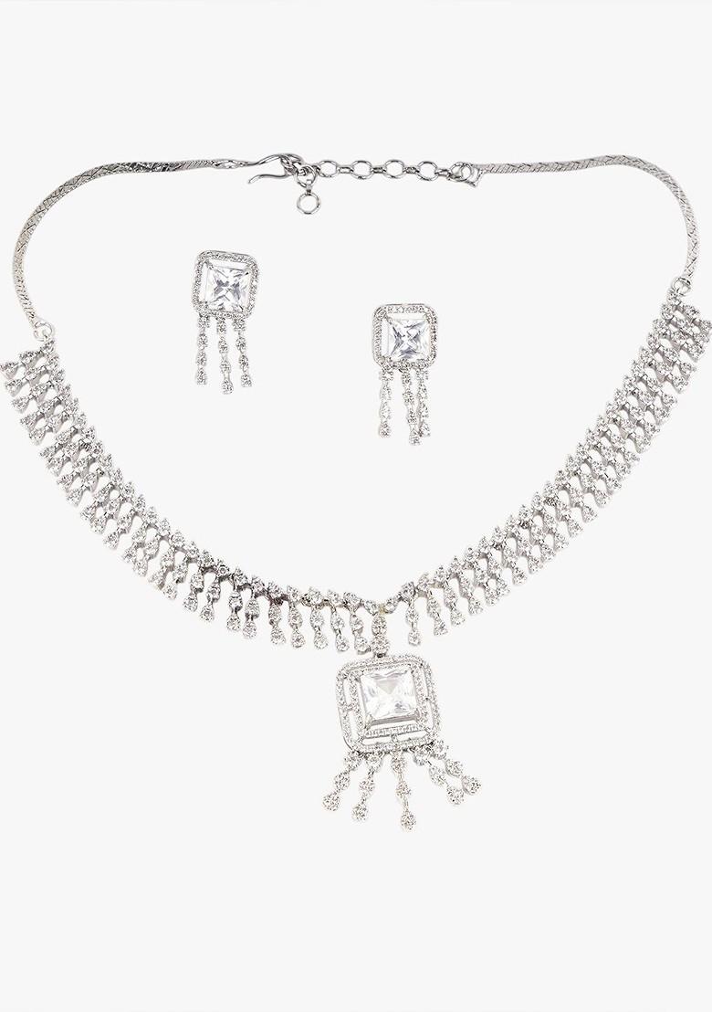 Silver Cz Studded Rhodium Plated Jewellery Set