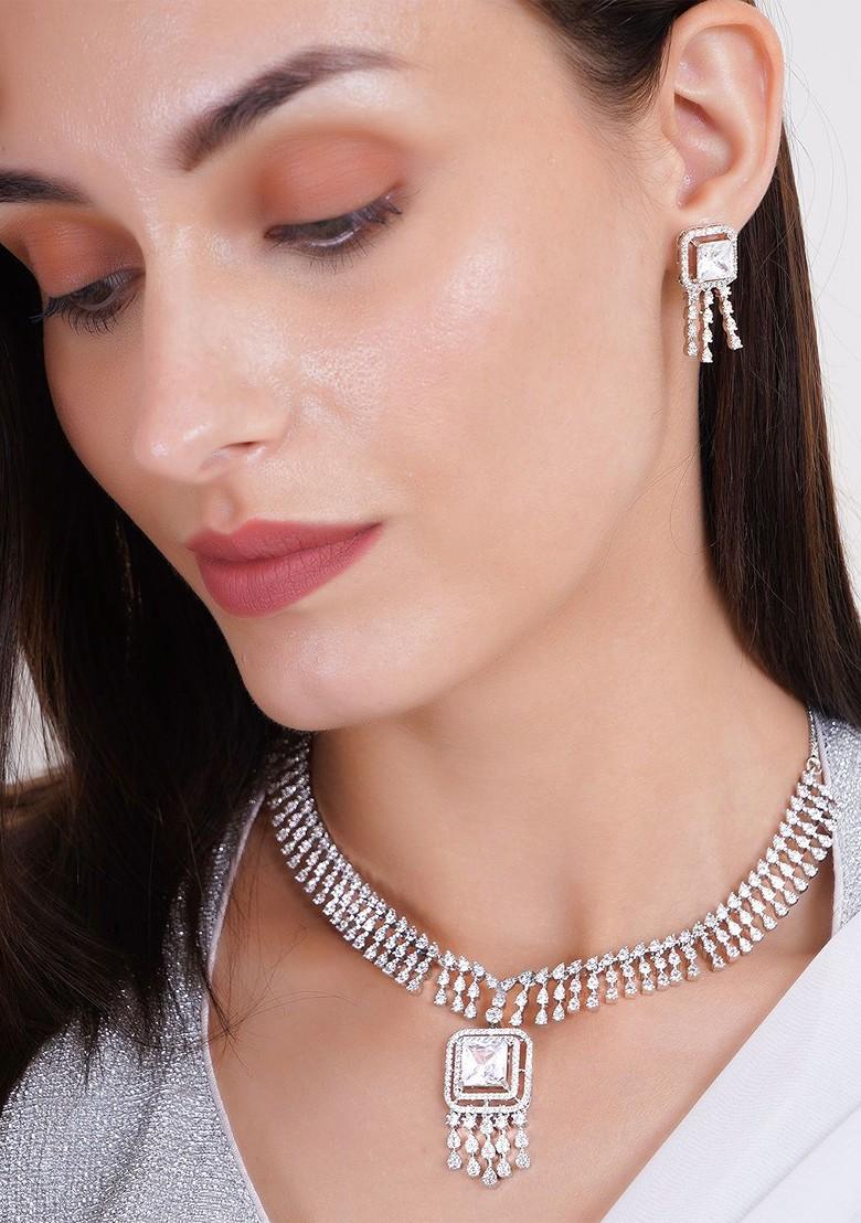 Silver Cz Studded Rhodium Plated Jewellery Set