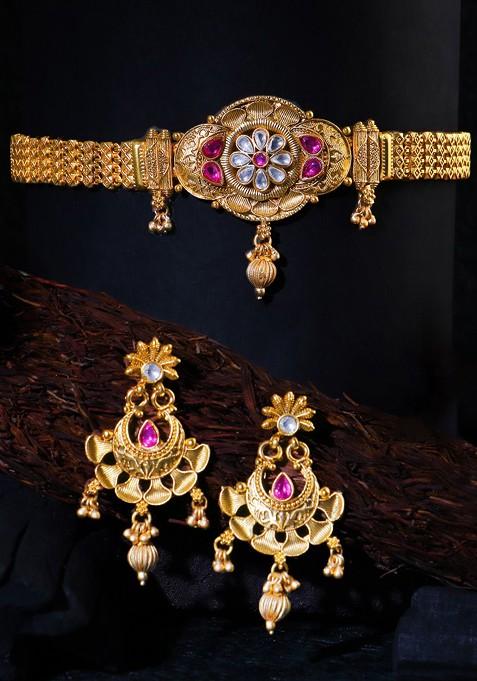 Gold Stone Studded And Beaded Gold Plated Jewellery Set