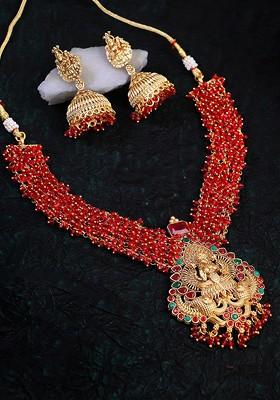Gold Stone Studded And Beaded Gold Plated Jewellery Set