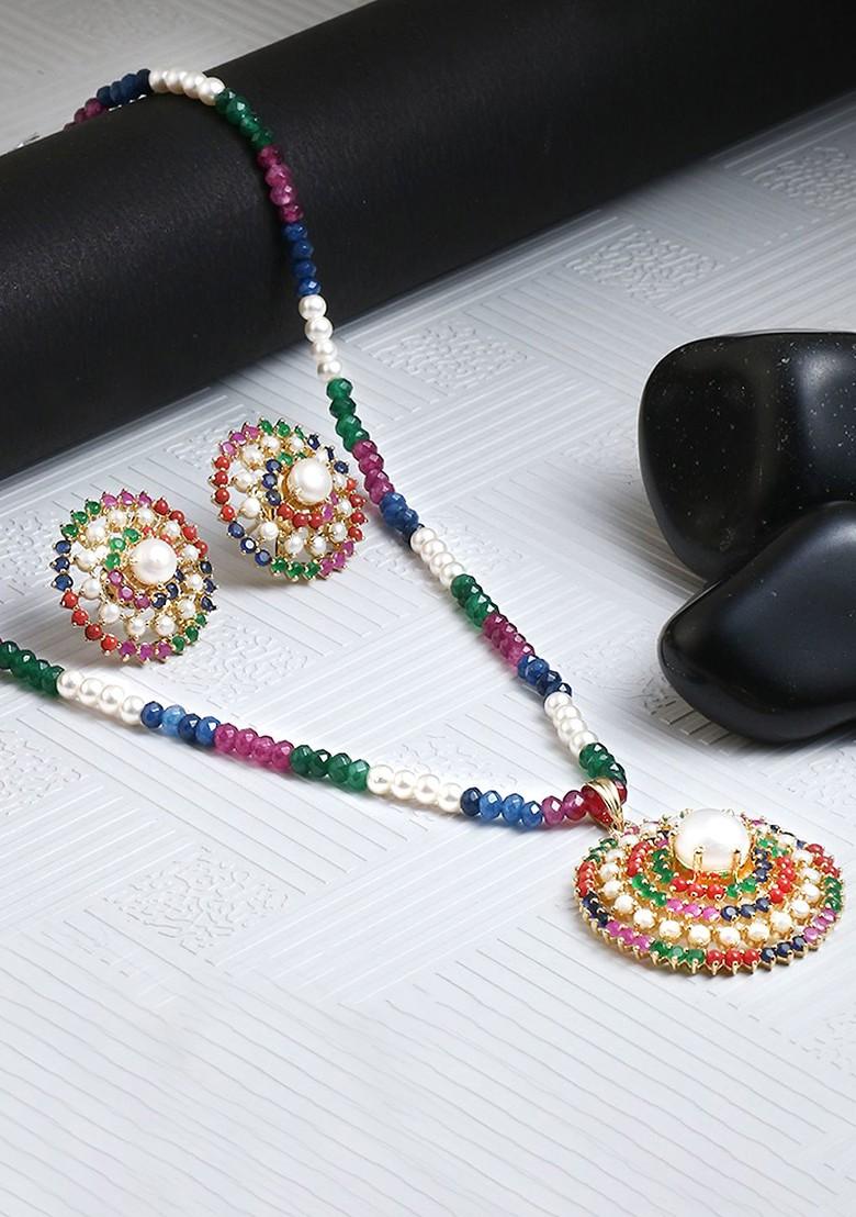 Gold Stone Studded And Beaded Gold Plated Jewellery Set