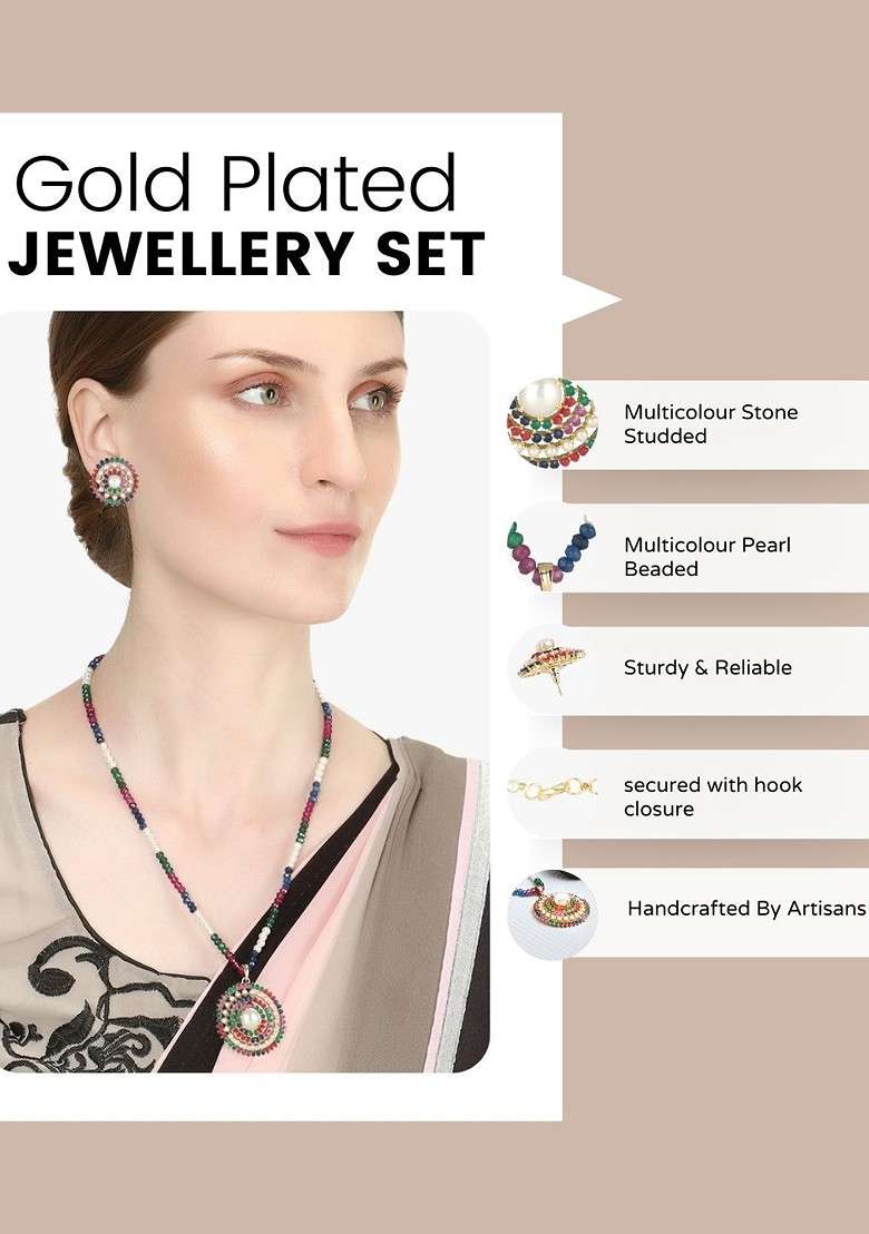 Gold Stone Studded And Beaded Gold Plated Jewellery Set - Indya