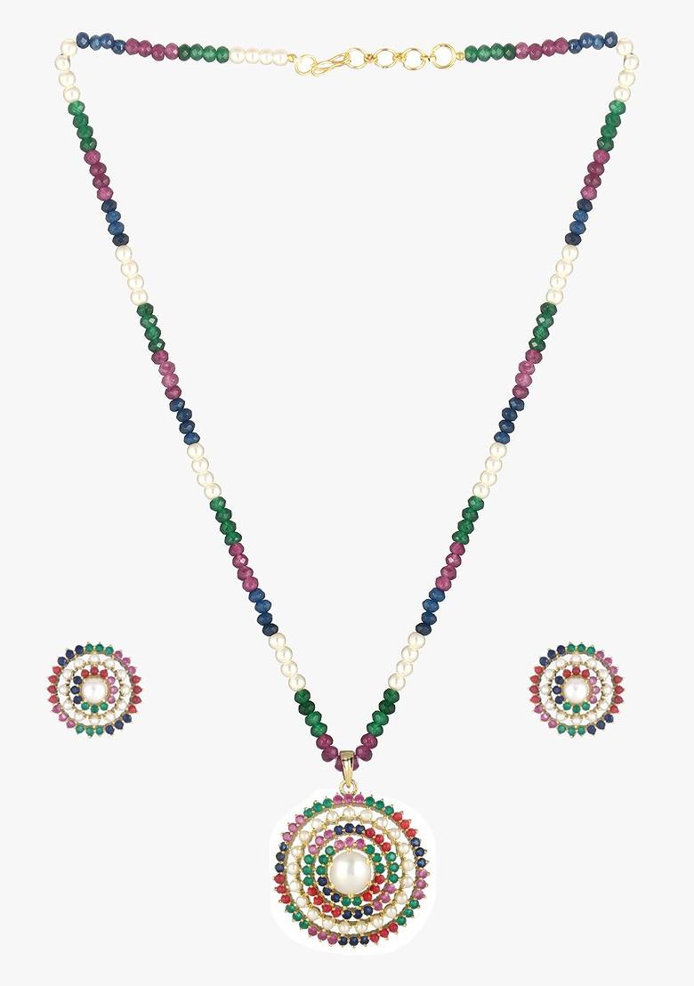 Gold Stone Studded And Beaded Gold Plated Jewellery Set