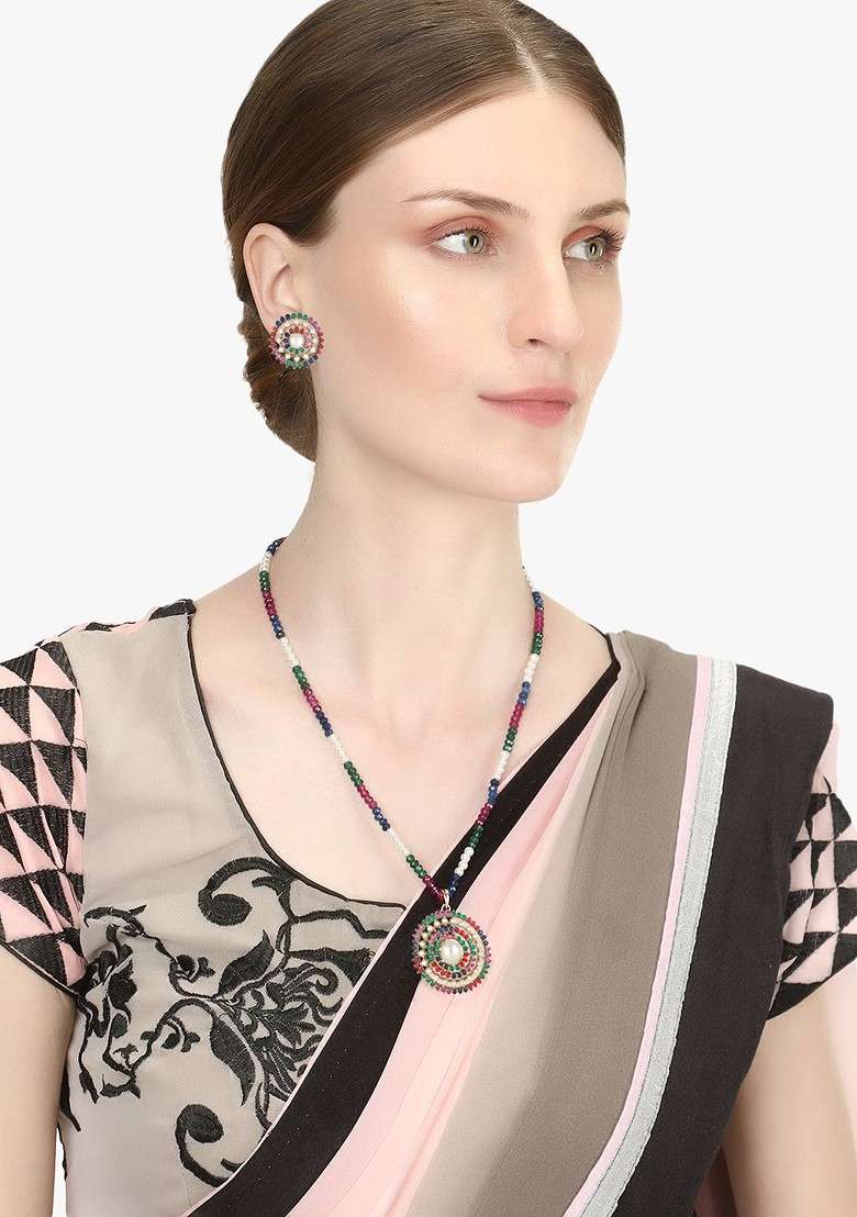 Gold Stone Studded And Beaded Gold Plated Jewellery Set - Indya