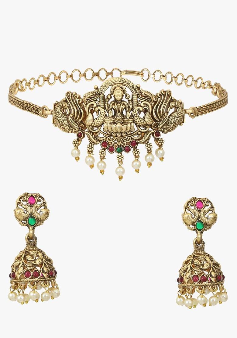 Gold Stone Studded And Beaded Gold Plated Jewellery Set