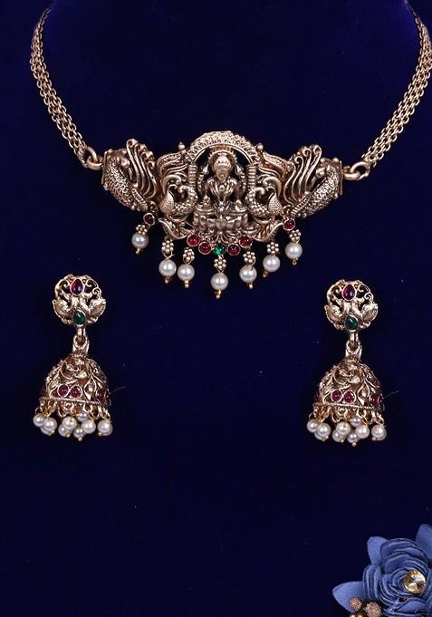 Gold Stone Studded And Beaded Gold Plated Jewellery Set