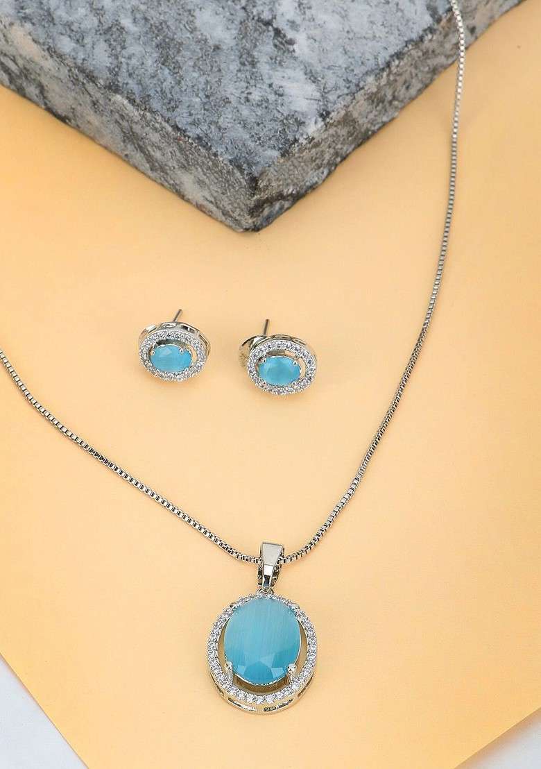 Silver Ad Studded Rhodium Plated Jewellery Set - Indya