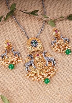 Silver Stone Studded And Beaded Silver Plated  Jewellery Set