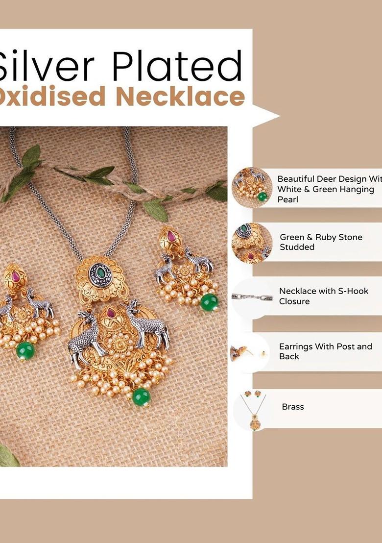 Silver Stone Studded And Beaded Silver Plated  Jewellery Set